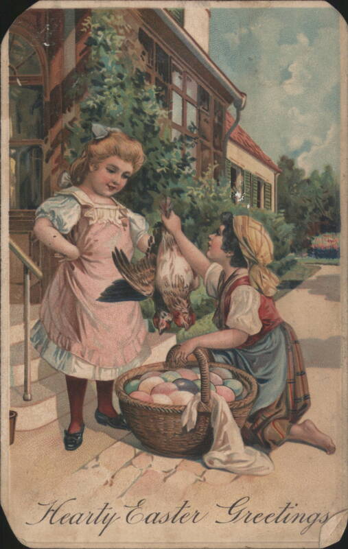 Hearty Easter Greetings, Girls with Eggs & Chicken