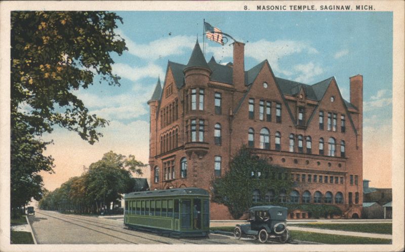 Masonic Temple, Saginaw, MI with Streetcar and Automobile Michigan