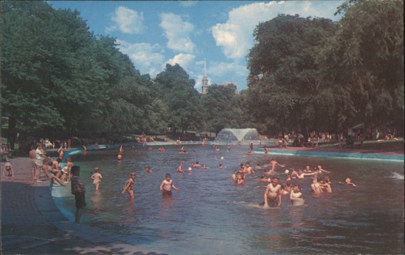 Frog Pond, Boston Common with children frolicking in water Massachusetts