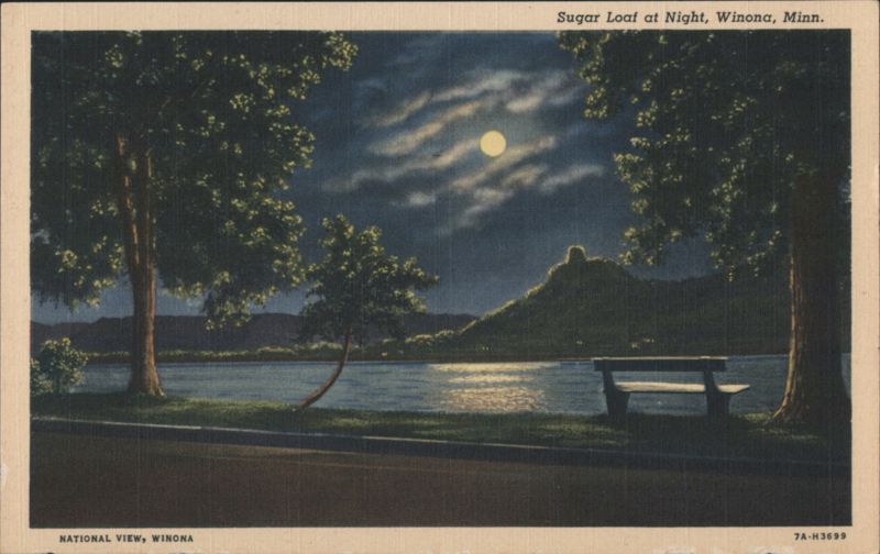 Sugar Loaf at Night, Moonlit River, Winona, Minn. Minnesota