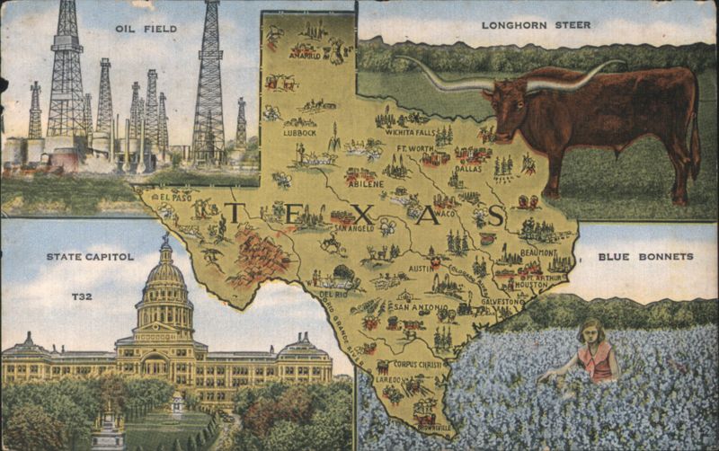 Texas Map, Oil Field, Longhorn Steer, State Capitol, Blue Bonnets