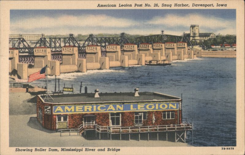 American Legion Post No. 26, Snug Harbor, Roller Dam, Mississippi River, Bridge Davenport Iowa