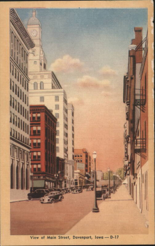 Main Street, Davenport, IA - Street Scene with Clock Tower Iowa