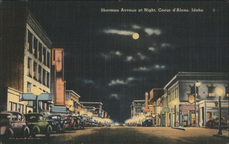 Sherman Avenue at Night, Moonlit Street Scene Coeur d'Alene Idaho