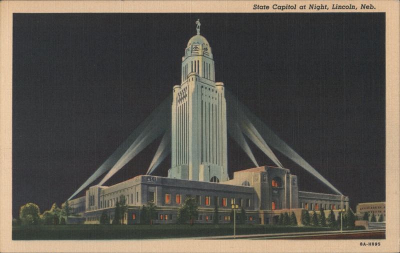State Capitol at Night, Lincoln, Neb. Nebraska
