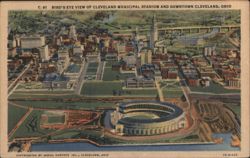 Bird's-Eye View Cleveland Municipal Stadium & Downtown Postcard