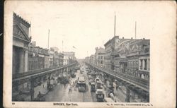 Bowery, New York City Elevated Train & Street Scene Postcard