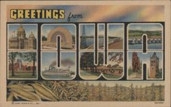 Greetings from Iowa - Capitol, Fairgrounds, River, Corn Postcard