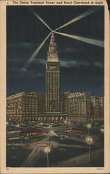 The Union Terminal Tower and Hotel Cleveland at night Postcard