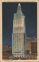 Kansas City Power and Light Co. Building, By Night, KC MO Postcard