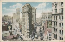 Broad & Peachtree Sts., Heart of Atlanta & Flatiron Building Postcard