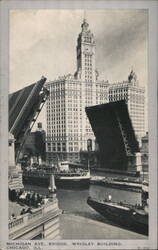Michigan Ave. Bridge Open, Wrigley Building, Chicago Postcard