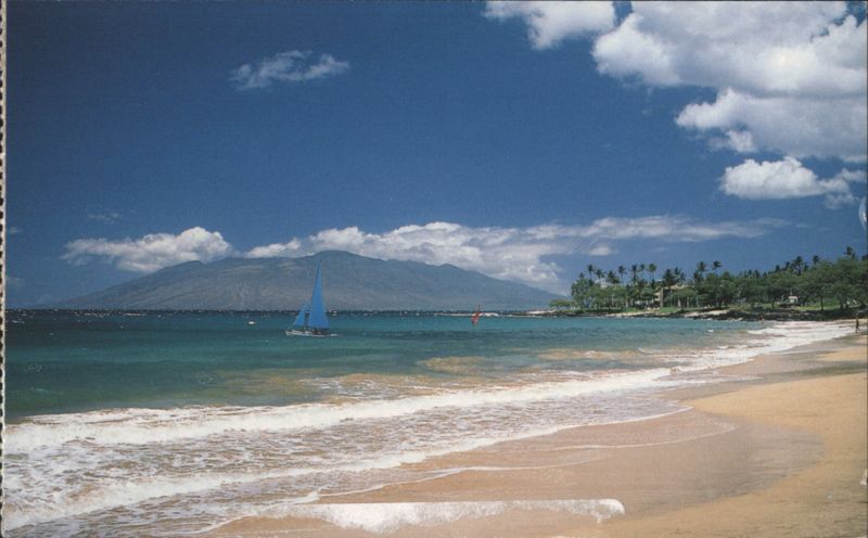 Wailea Beach, Sailboat, Mountains, Golden Sand Hawaii