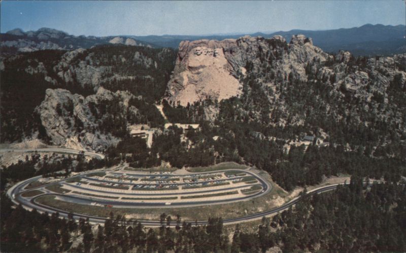 Mt. Rushmore and parking lot viewed from a helicopter Keystone South Dakota