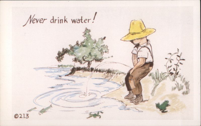 Never drink water! Boy peeing into pond Comic, Funny