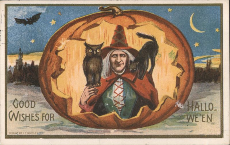 Good Wishes for Hallowe'en Witch Owl Cat Pumpkin Halloween