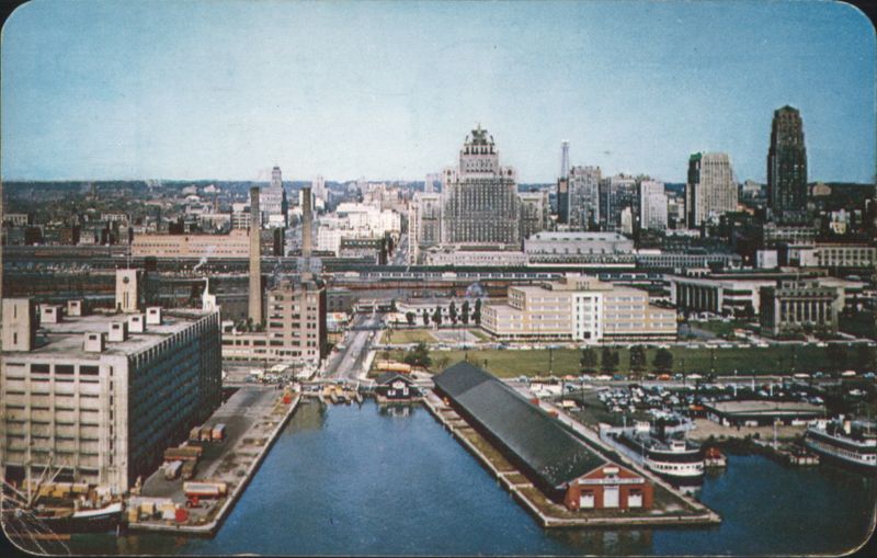Aerial view over harbour of Canada's booming city Toronto