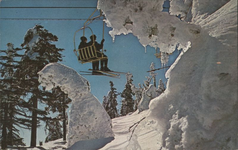 Killington Ski Resort Skiers on Chairlift, Snow Covered Trees Vermont