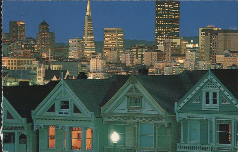 San Francisco at Night, Victorian Houses & Skyline California