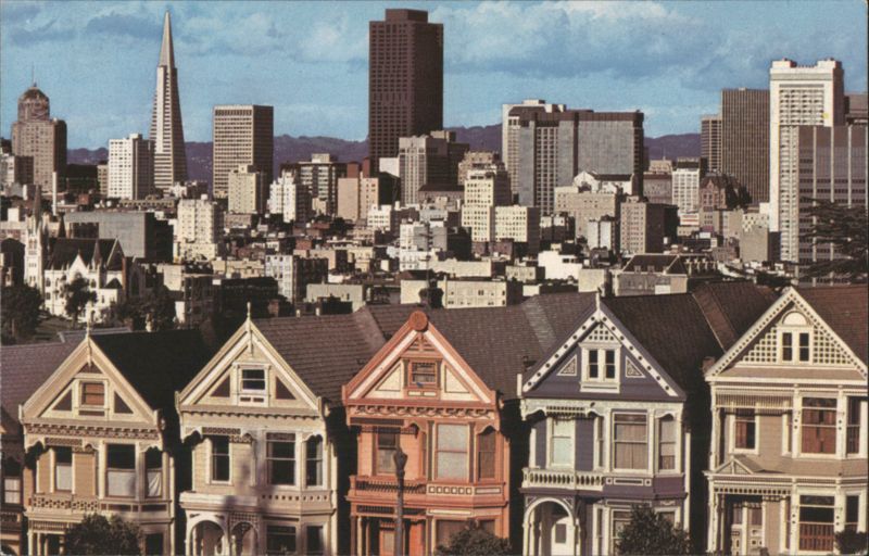 Quaint Victorian homes, modern San Francisco skyline California
