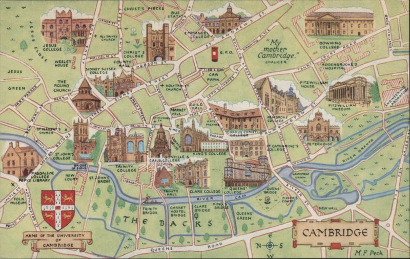 Cambridge University Colleges Illustrated Map M.F. Peck United Kingdom