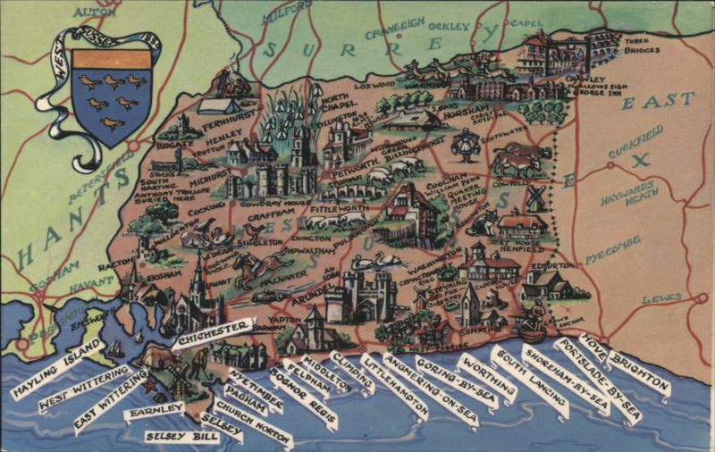 Pictorial Map of Sussex, England United Kingdom