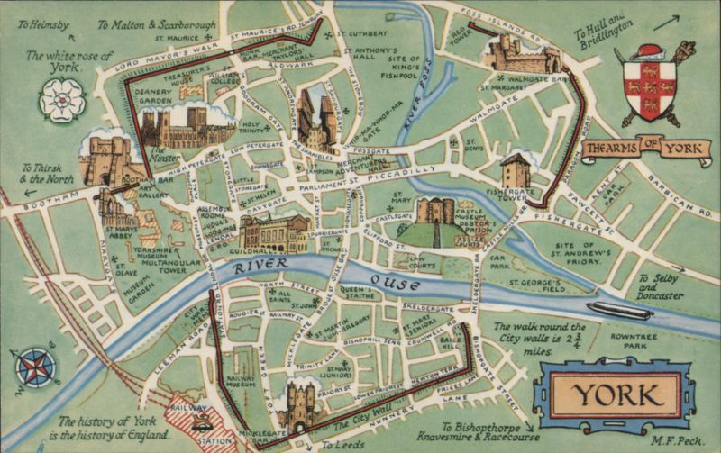 York City Map & Historic Wall Walk Route, England United Kingdom