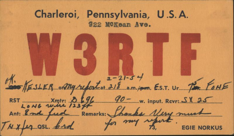W3RTF QSL Card, Egie Norkus, Amateur Radio Contact 1954 Charleroi Pennsylvania