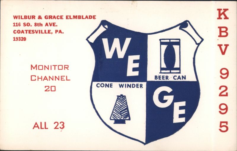 Wilbur & Grace Elmblade CB Radio QSL Card KBV 9295 Coatesville Pennsylvania