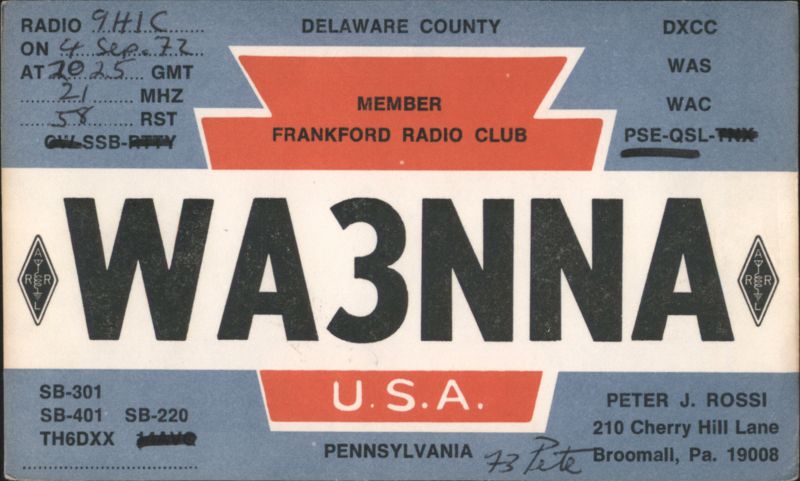 WA3NNA Frankford Radio Club QSL Card Sep 1972 QSL & Ham Radio