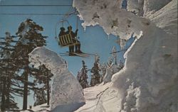 Killington Ski Resort Skiers on Chairlift, Snow Covered Trees Postcard