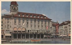 Hotel zum Storchen, Clock Tower, Limmat River, Zürich Postcard