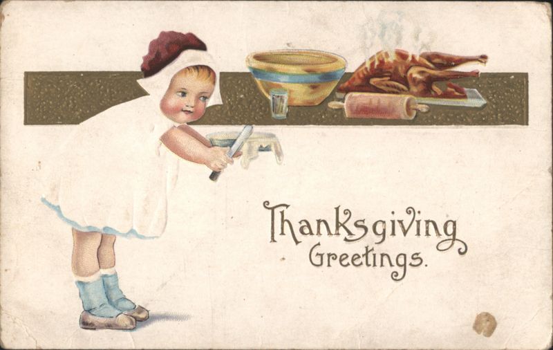 Thanksgiving Greetings with Young Girl and Turkey Dinner Scene