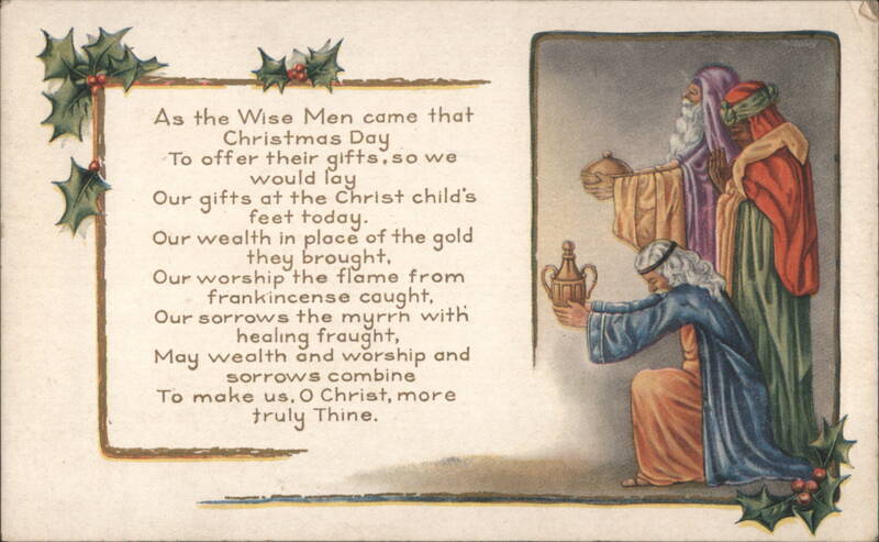 Three Wise Men Offering Gifts with Christmas Poem and Holly
