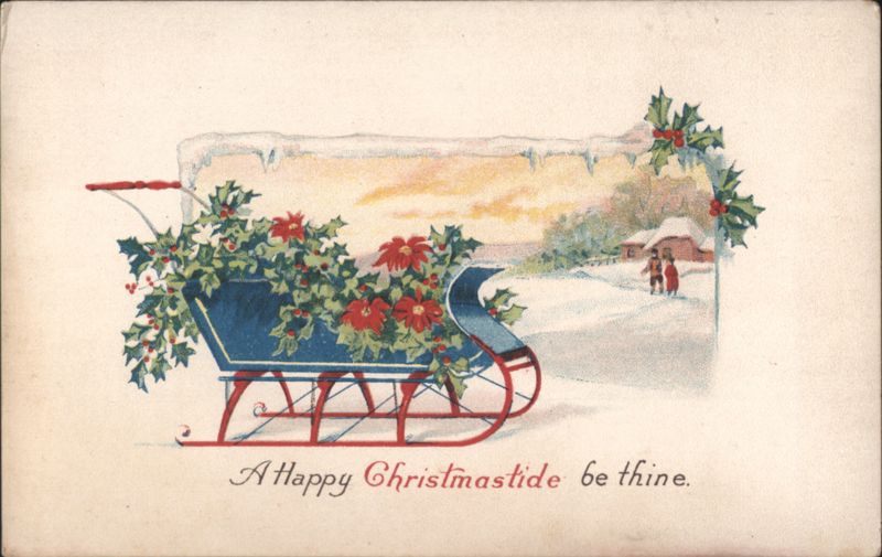 Blue Sleigh with Holly & Poinsettias in Snowy Winter Scene, Christmastide