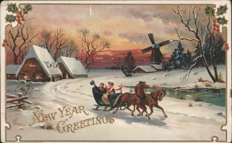 New Year Greetings with Winter Sleigh Ride, Snow-Covered Houses, and Windmill