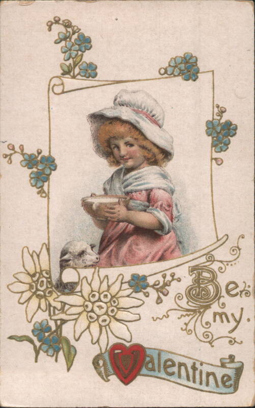 Little Girl & Lamb with Flowers 'Be My Valentine' Greeting