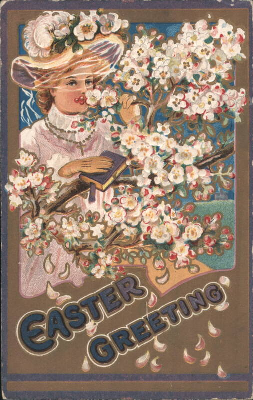Easter Greeting with Woman in Flowered Hat & Blossoming Tree