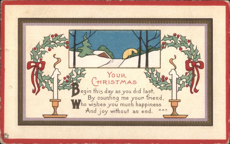 Christmas Greeting with Winter Scene, Candles & Holly Wreaths