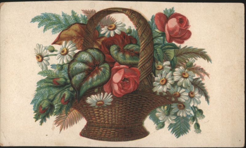 Basket of Red Roses and White Daisies Floral Arrangement Illustration