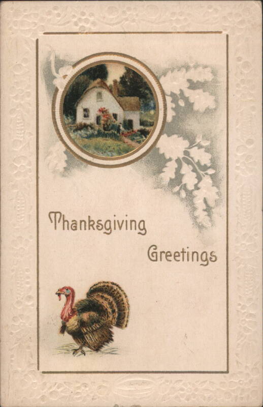 Thanksgiving Greetings with Turkey, Rural House, and Oak Leaves