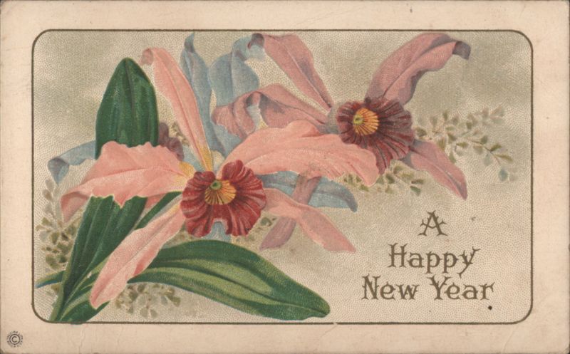 Happy New Year Greeting with Embossed Pink & Blue Orchid Flowers