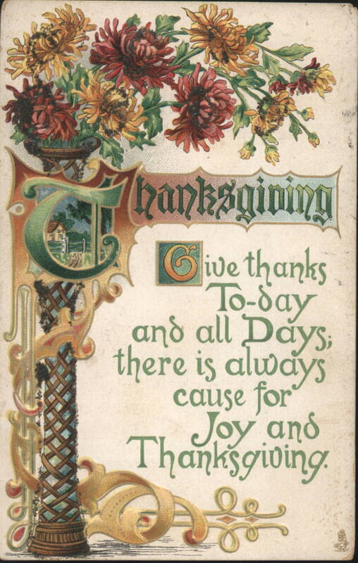 Thanksgiving Greeting with Chrysanthemums and Ornate Lettering