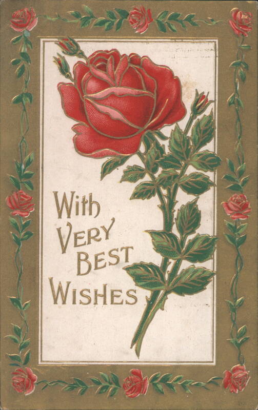 Red Rose with Green Leaves and 'With Very Best Wishes' Greeting
