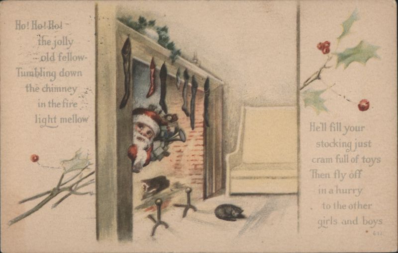 Santa Claus Tumbling Down Chimney with Stockings and Toys