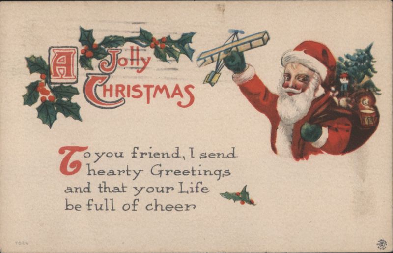 A Jolly Christmas Santa Claus with Biplane and Holly Greetings
