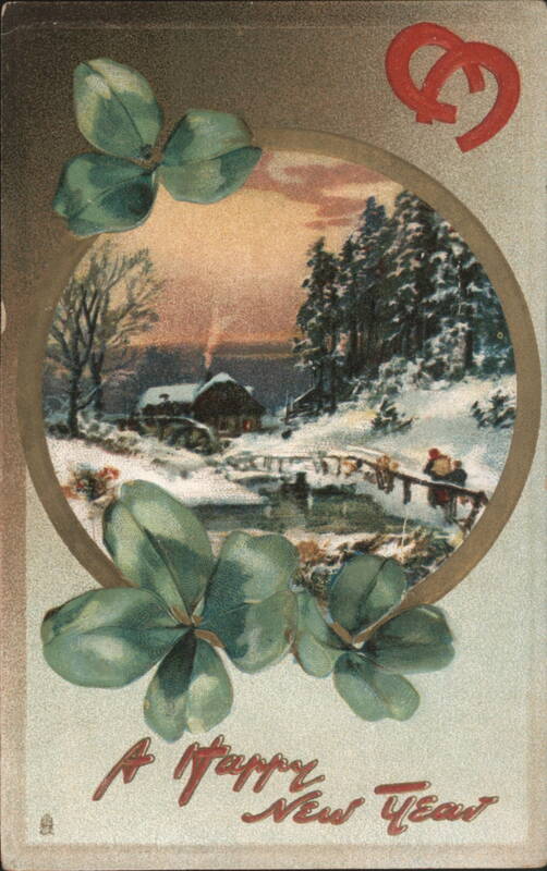 Winter Cabin Scene with Clovers, Horseshoes & 'A Happy New Year' Greeting