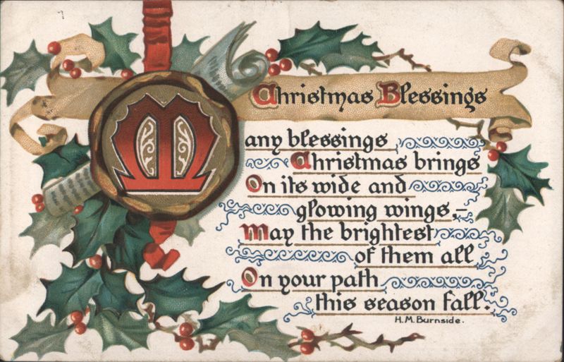 Christmas Blessings Poem with Holly and Berries by H.M. Burnside