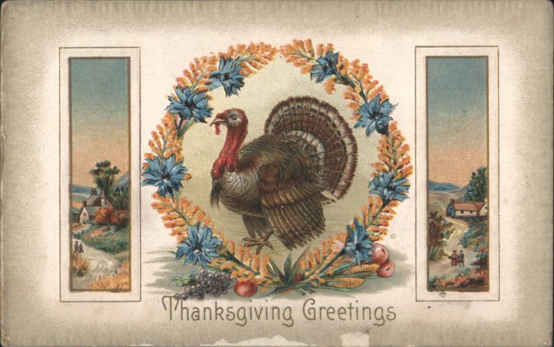 Thanksgiving Greetings Turkey in Floral Wreath Rural Scenes