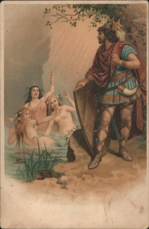 Hero in Armor with Shield Confronts Nymphs in Water, Fantasy Art